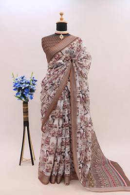 Multicolor colour leaf digital printed linen cotton saree 1