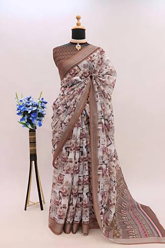 Multicolor colour leaf digital printed linen cotton saree