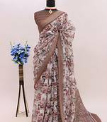 Multicolor colour leaf digital printed linen cotton saree