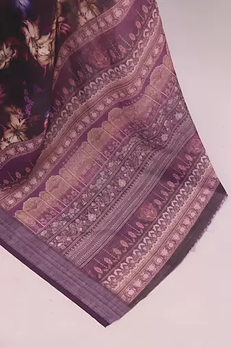 purple leaf digital printed linen cotton saree