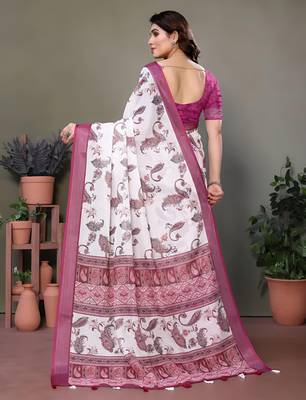 White leaf digital printed linen cotton saree with jhalar 4