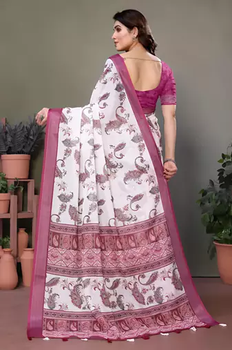 White leaf digital printed linen cotton saree with jhalar