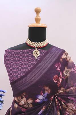 purple leaf digital printed linen cotton saree 4