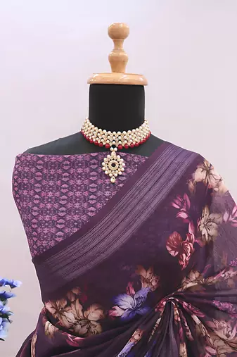 purple leaf digital printed linen cotton saree