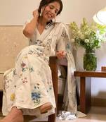 White leaf digital printed linen cotton saree