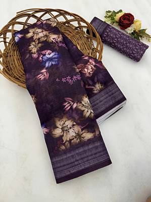 purple leaf digital printed linen cotton saree 5