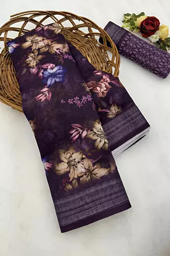 purple leaf digital printed linen cotton saree