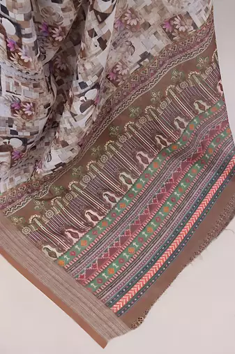 Multicolor colour leaf digital printed linen cotton saree