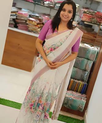 White leaf digital printed linen cotton saree 2