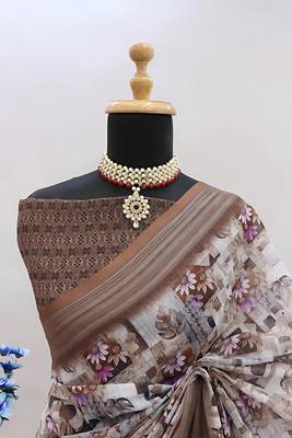 Multicolor colour leaf digital printed linen cotton saree 4