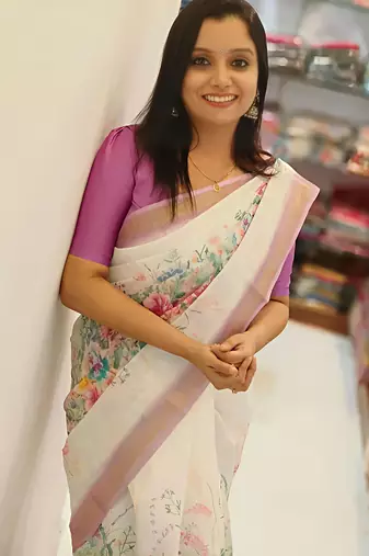 White leaf digital printed linen cotton saree