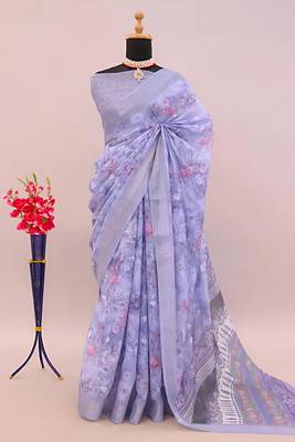 Purple leaf digital printed linen cotton saree 1