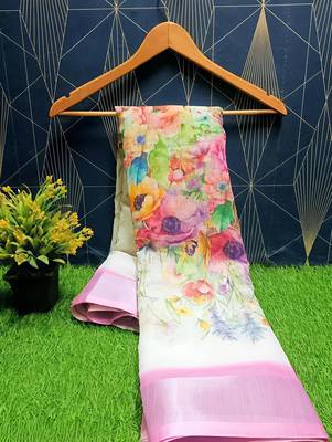 White leaf digital printed linen cotton saree 1