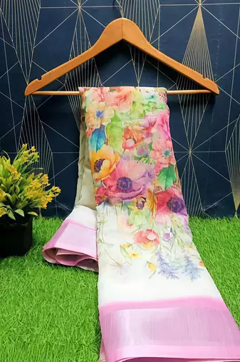 White leaf digital printed linen cotton saree