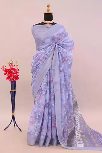 Purple leaf digital printed linen cotton saree