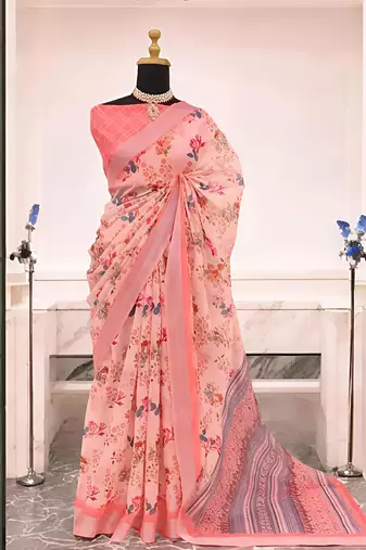 Pink leaf digital printed linen cotton saree
