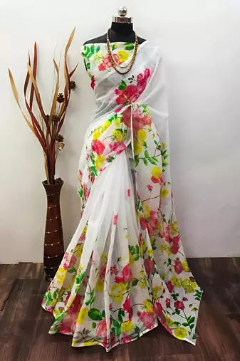 White leaf digital printed linen cotton saree