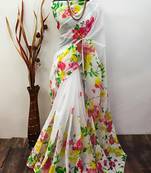White leaf digital printed linen cotton saree