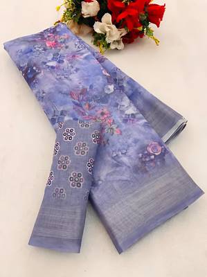 Purple leaf digital printed linen cotton saree 4