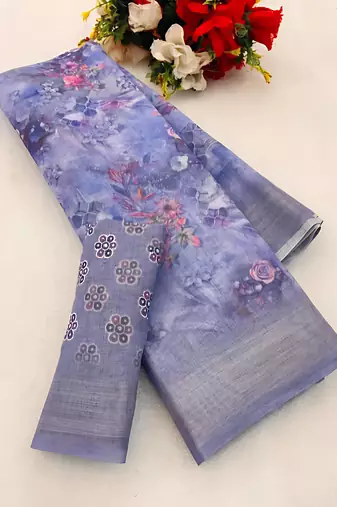 Purple leaf digital printed linen cotton saree