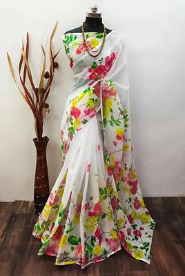 White leaf digital printed linen cotton saree 2
