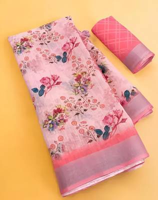 Pink leaf digital printed linen cotton saree 3