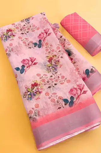 Pink leaf digital printed linen cotton saree