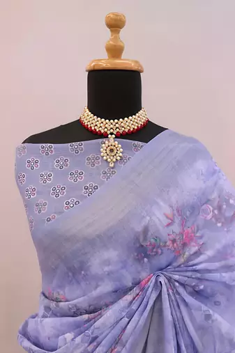 Purple leaf digital printed linen cotton saree