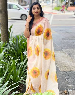 Cream leaf digital printed linen cotton saree 1