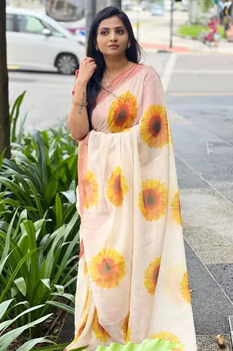 Cream leaf digital printed linen cotton saree