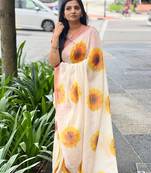 Cream leaf digital printed linen cotton saree
