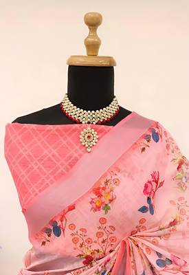 Pink leaf digital printed linen cotton saree 4