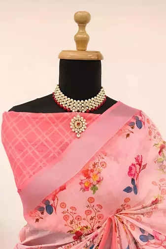 Pink leaf digital printed linen cotton saree