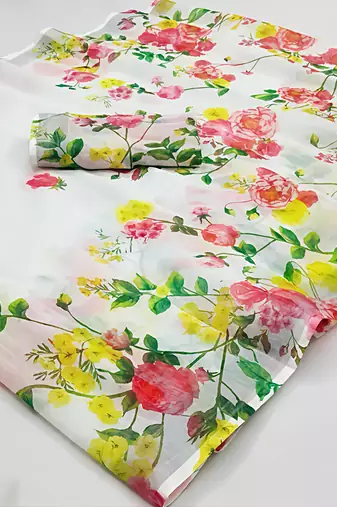 White leaf digital printed linen cotton saree