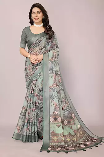 Multicolor colour leaf digital printed linen cotton saree with jhalar