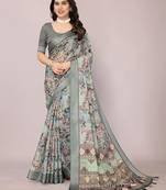 Multicolor colour leaf digital printed linen cotton saree with jhalar