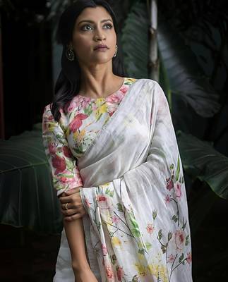 White leaf digital printed linen cotton saree 4