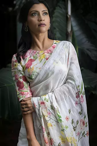 White leaf digital printed linen cotton saree