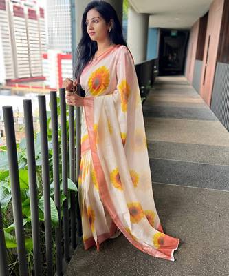 Cream leaf digital printed linen cotton saree 3