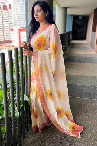 Cream leaf digital printed linen cotton saree