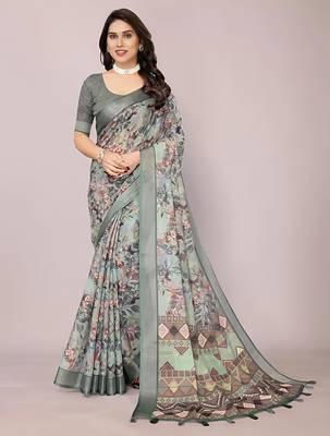 Multicolor colour leaf digital printed linen cotton saree with jhalar 2