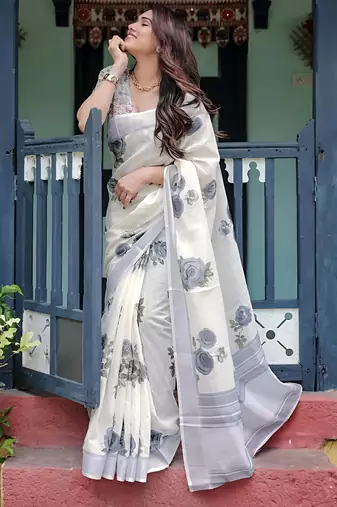 White leaf digital printed linen cotton saree