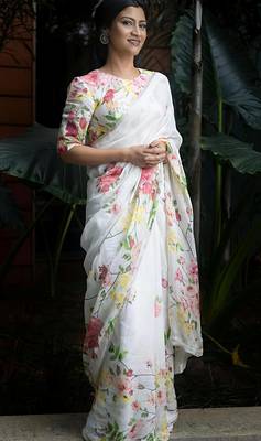 White leaf digital printed linen cotton saree 5