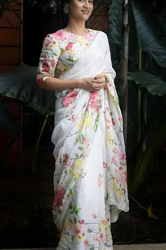 White leaf digital printed linen cotton saree