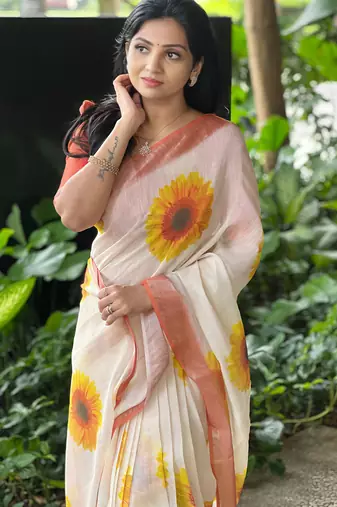 Cream leaf digital printed linen cotton saree