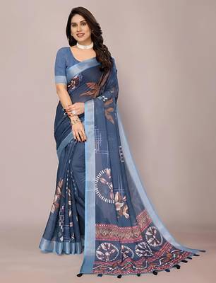 Grey leaf digital printed linen cotton saree with jhalar 1