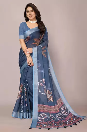 Grey leaf digital printed linen cotton saree with jhalar