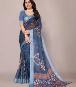 Grey leaf digital printed linen cotton saree with jhalar