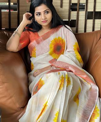 Cream leaf digital printed linen cotton saree 5