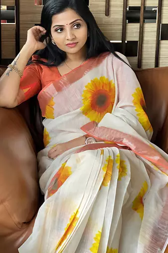 Cream leaf digital printed linen cotton saree